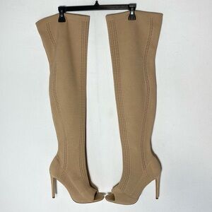 Cape Robbin Nude Elnora-27 Thigh High Knit Peep Toe Stiletto Boots 10